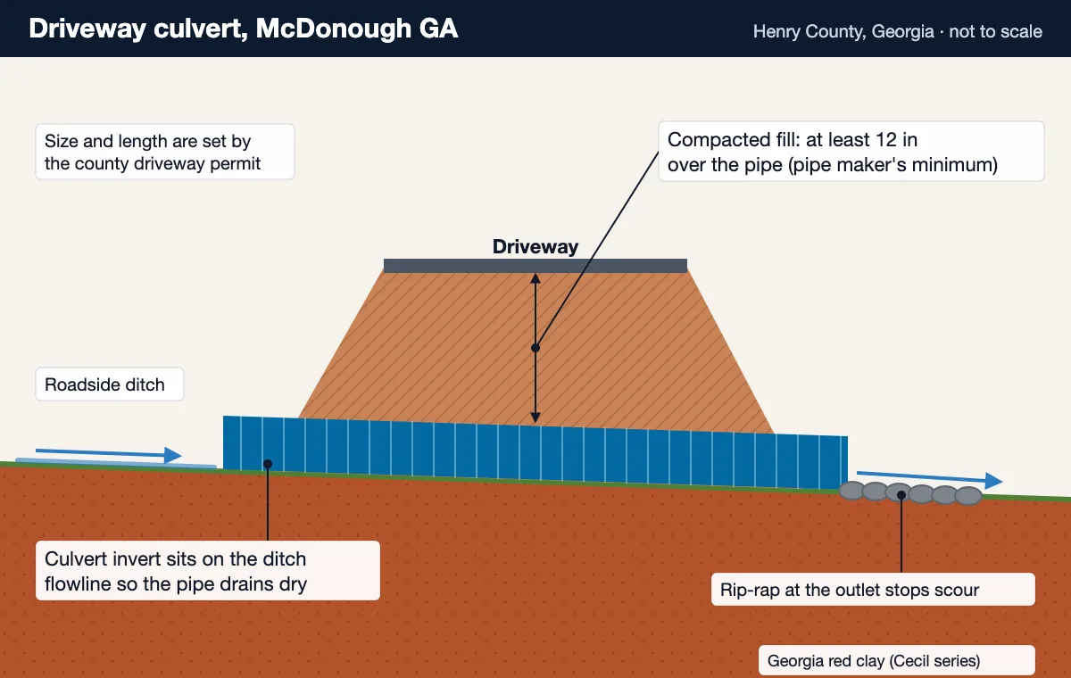 Driveway culvert diagram for Henry County GA: pipe on the ditch flowline under compacted fill with rip-rap at the outlet