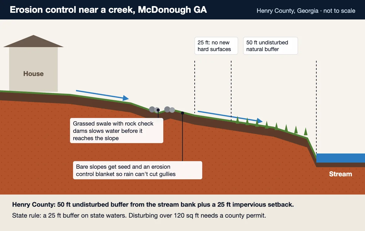 Erosion control diagram for a McDonough GA lot sloping to a creek: grassed swale with rock check dams, 25 foot impervious setback and 50 foot undisturbed stream buffer