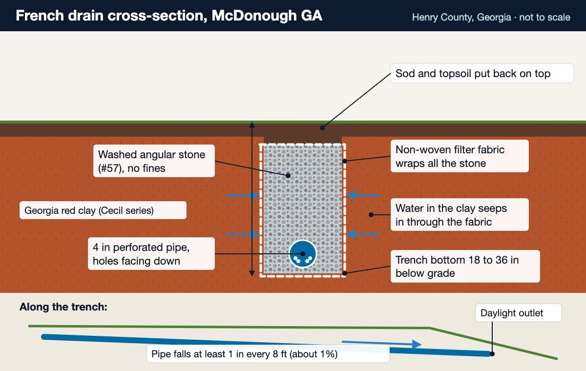 French drain installation cross-section for McDonough GA red clay: fabric-wrapped stone, perforated pipe and 18 to 36 inch trench depth