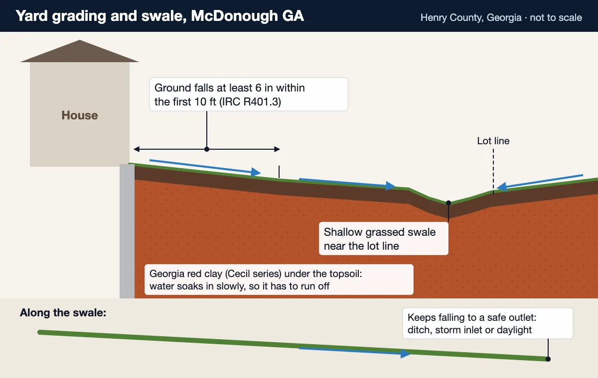 Yard grading diagram: ground falling at least 6 inches in the first 10 feet from a McDonough home to a grassed swale
