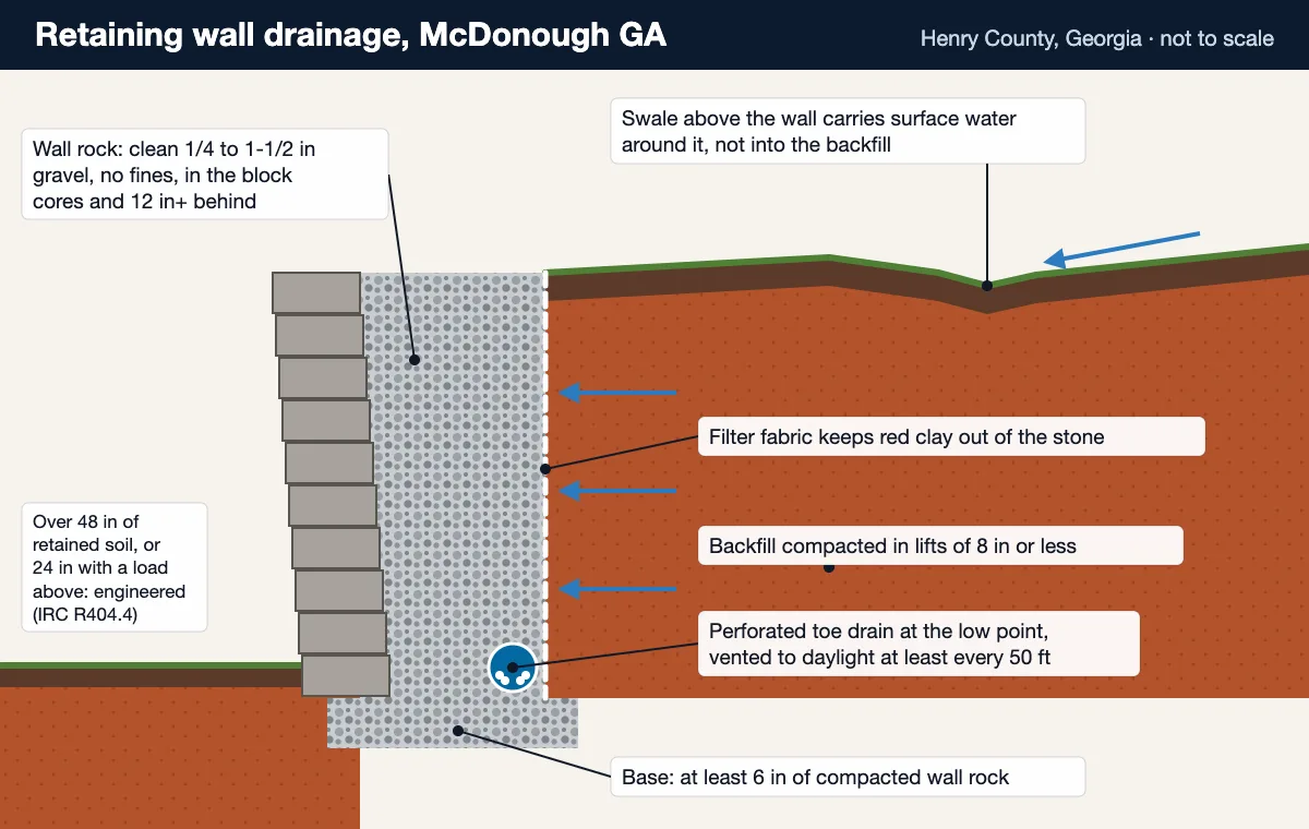 Retaining wall drainage cross-section for McDonough GA: block wall, clean stone zone, filter fabric against red clay, perforated toe drain and a swale above