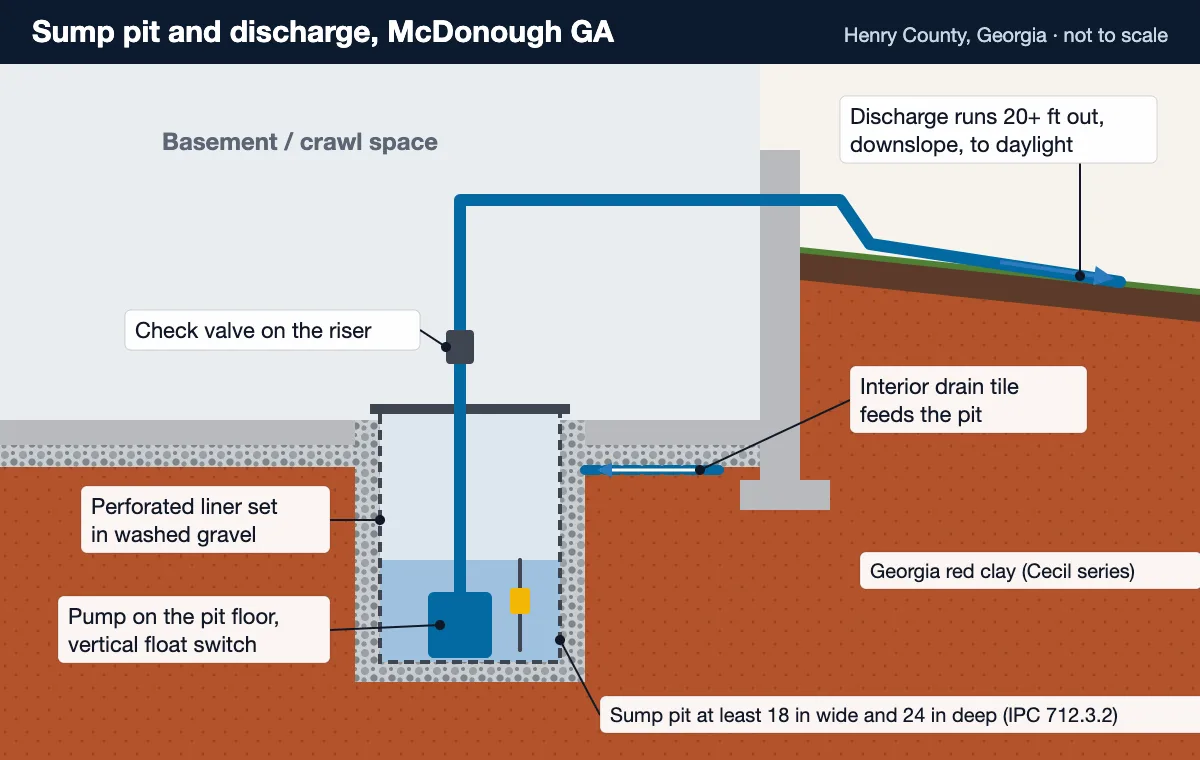 Sump pump installation diagram for a McDonough GA crawl space: pit, liner, gravel bed, pump, check valve and discharge to daylight